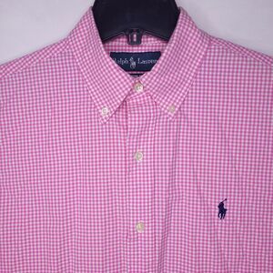 Ralph Lauren Shirt Mens Medium Gingham Check Pink, White Pony Cotton